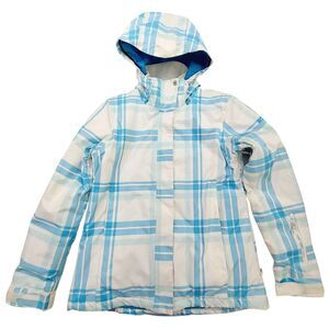 Roxy Snow Jacket Womens Large White Blue Hooded Insulated Snowboarding Outdoor